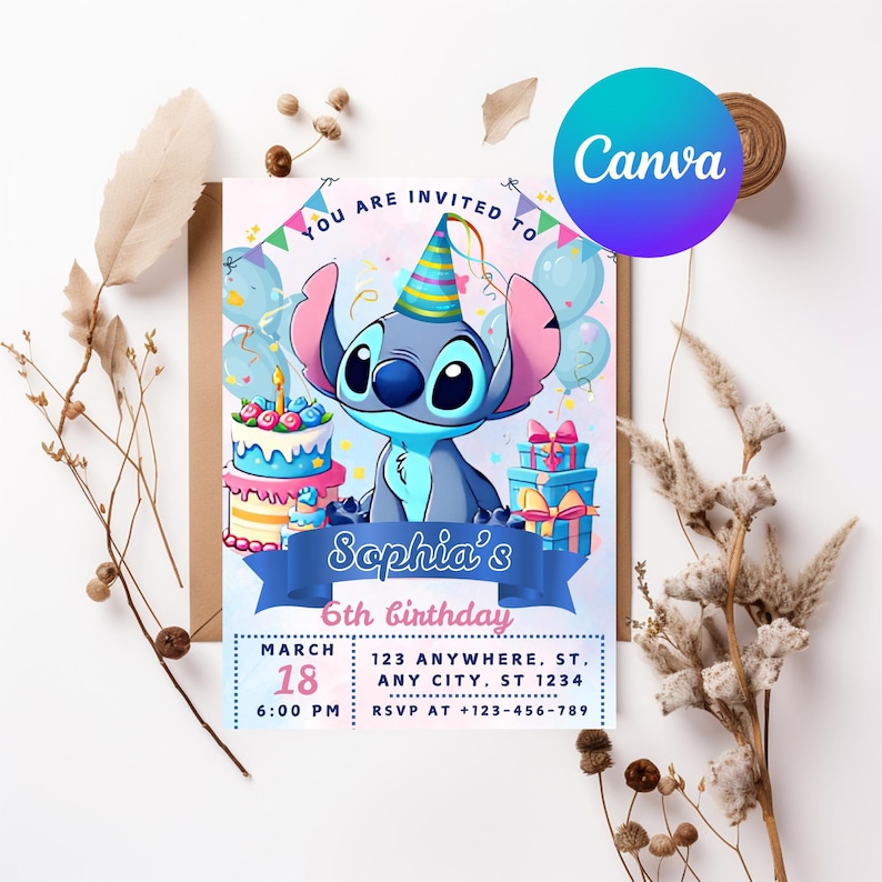 May include: A birthday invitation featuring a cartoon character with blue skin, large ears, and a party hat. The invitation includes the text "You are invited to Sophia's 6th Birthday" with the date, time, and RSVP information.