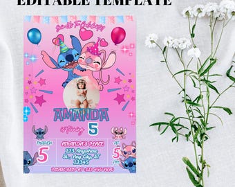 Stitch Birthday Invitation, Printable Lilo and Stitch Invitation, Kids Stitch Angel Birthday Invite, Aloha Stitch Birthday, Canva Template