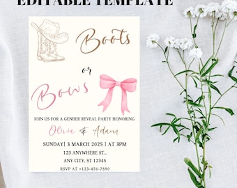 Boots or Bows Gender Reveal Invitation, Western Baby Celebration (Editable Template)