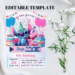 Stitch Editable Birthday Invitation Template, Printable Birthday Party Invitations, Digital Kids Party Invite, Digital Bday Card Invite