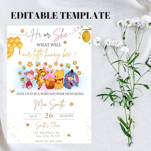 What Will Our Little Hunny Bee Gender Reveal Party Invitation Template Winnie Pooh Theme Honey Bees EDITABLE INSTANT DOWNLOAD