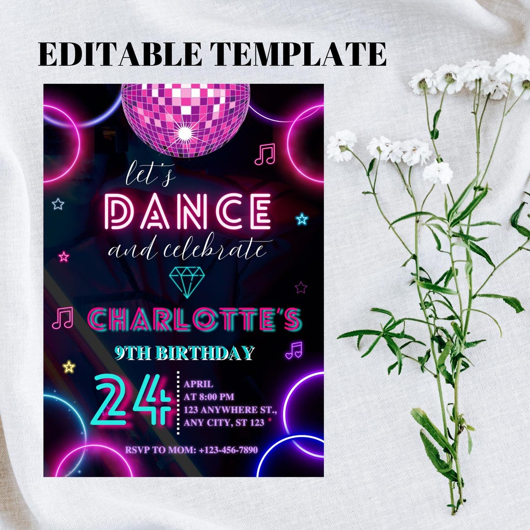 EDITABLE Dance Party Invitation, Disco Birthday Invite, Glow Neon ...