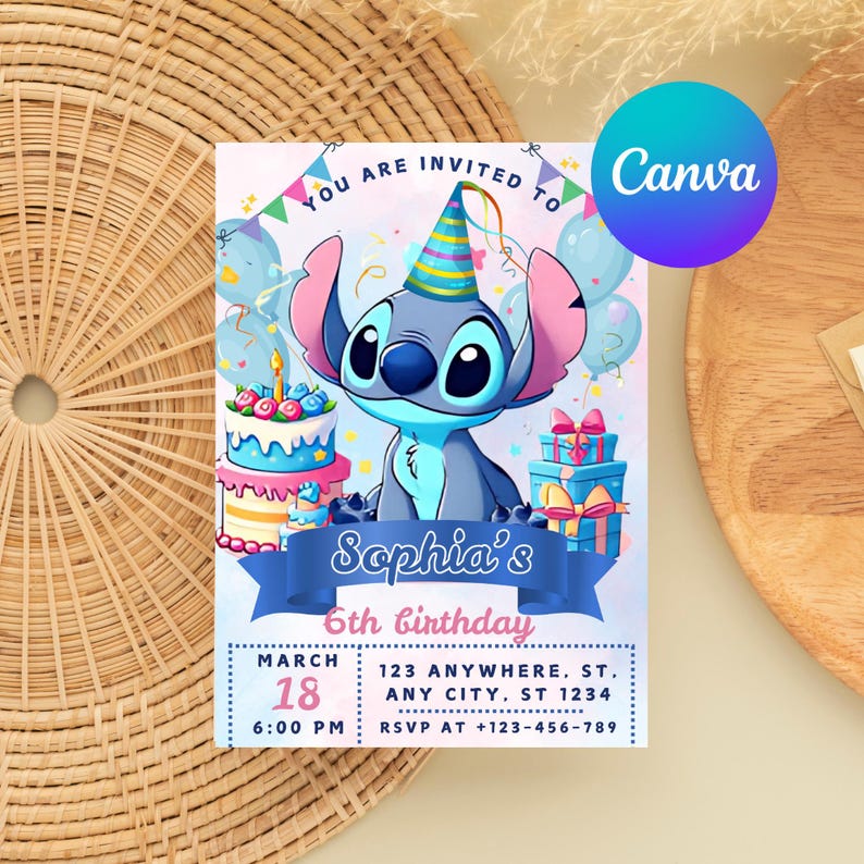 May include: A birthday invitation featuring the character Stitch from Lilo & Stitch. The invitation includes the text "You are invited to" and "Sophia's 6th Birthday". The date is March 18th at 6:00 PM. The invitation also includes an RSVP phone number.
