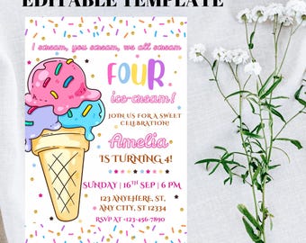 Ice Cream 4th Birthday Invitation: Pink Party, Canva Template