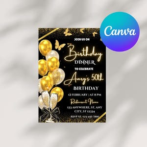 Digital Birthday Dinner Invitation Template, Black Tie Glam Invite, Animated Black Golden Diamond Evite For Men & Women, Self Editable