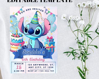 Stitch Birthday Invitation, Kids Party Evite (Editable Canva Template)