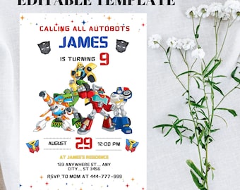 Invitación de cumpleaños imprimible, invitación de cumpleaños de Autobots Boy, invitación editable de Rescue Bots, descarga instantánea / fiesta de cumpleaños de Transformers