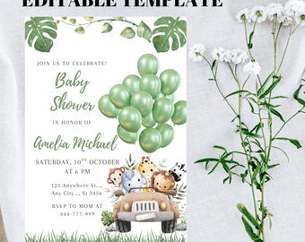 Jungle Baby Shower Invitation, Editable Safari Animals Invite, Gender Neutral Safari Invite Template, Jungle Animals Safari Invitation