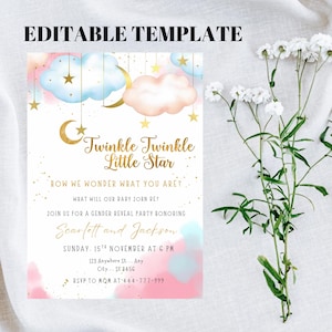 Peut inclure: Une invitation de fête de révélation du sexe avec le texte "Twinkle Twinkle Little Star". Le design présente des nuages à l'aquarelle, des étoiles dorées et un croissant de lune. L'invitation comprend les détails de l'événement et les informations RSVP.