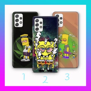 May include: Three smartphone cases featuring cartoon characters. The first is black with a yellow character wearing a headband and a green leaf. The second is a galaxy print with a yellow sponge character. The third is tan with a yellow character.