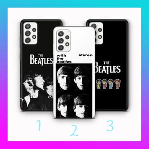 May include: Three phone cases featuring The Beatles. One case is black with a band photo and the band's name. Another is white with band member photos and the text "with the beatles stereo". The third case is black with the band's name and cartoon figures.