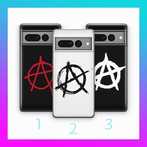 May include: Three phone cases with the anarchy symbol. The cases are black and white, with the anarchy symbol in red, black, and white. The cases are numbered 1, 2, and 3 in blue.