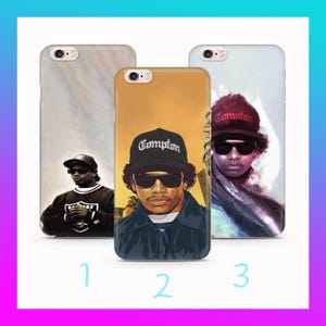 May include: Three phone cases with images of a man wearing sunglasses and a hat. The cases have different backgrounds, including a marble pattern and a sunset. The man is wearing a Raiders sweatshirt on one case and a Compton hat on the other two.
