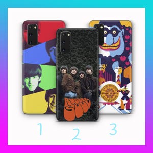 May include: Three phone cases with vibrant designs. One case displays a collage of faces, another features the band members with the text "Rubber Soul", and the third has a psychedelic design with the text "Sgt. Pepper's Lonely Hearts Club Band".