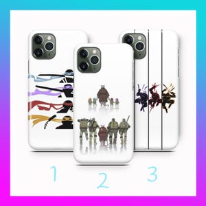 May include: Three white phone cases featuring Teenage Mutant Ninja Turtles designs. One case has the turtles' masks and weapons, another shows the turtles with Splinter, and the third has the turtles in action poses. Each case has a different design.