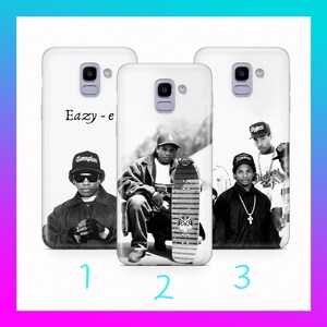 May include: Three white phone cases with black and white images of Eazy-E. One case has the text "Eazy-e" and a photo of Eazy-E wearing a Compton hat. Another case shows Eazy-E with a skateboard. The third case shows Eazy-E with other people.