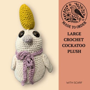 Grande peluche cacatoès à huppe jaune fait main | Oiseau de soutien au crochet | Yeux boutonnés vintage | Cadeau pour les amateurs d'oiseaux