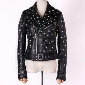 Womens Studded Leather Jacket Full Black Women Punk Silver Long Spiked Leather Brando Jacket, Magnificent Luxury Studded leather jacket