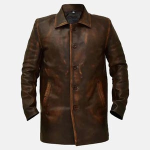 Men&#39;s Vintage Brown Distressed Leather Coat – Classic Button-Up Mid-Length Jacket – Rugged Retro Outerwear – Heavy-Duty Fall & Winter Style