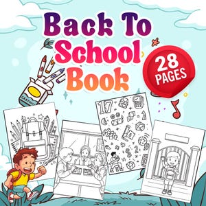 May include: A colorful "Back To School Book" with 28 pages, featuring illustrations of school supplies, students, and a boy running. Includes a box of crayons and a musical note.