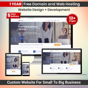 May include: A promotional image showcasing website design and development services. The image displays a desktop computer, a laptop, a tablet, and a smartphone, each displaying a website interface. Text includes "1 Year Free Domain and Web Hosting" and "Custom Website For Small To Big Business."