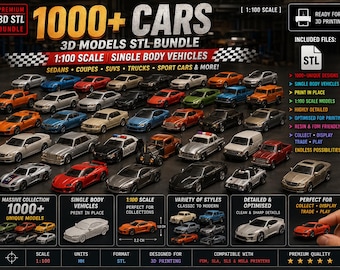 1000+ Cars 3D models STL Bundle | 1:100 Files | detailed Body Vehicles sedans miniature Models Collection print in place