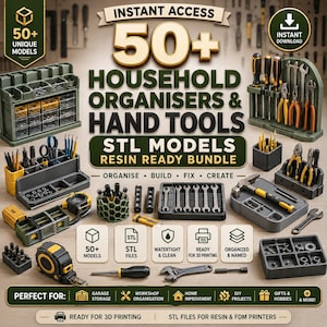 Pode incluir: Uma coleção digital de mais de 50 modelos STL de organizadores domésticos e ferramentas manuais para impressão 3D. A imagem exibe várias bandejas de armazenamento cinzas e verdes, suportes, chaves, chaves de fenda e fitas métricas.