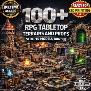 Puede incluir: Imagen detallada que muestra una colección de terrenos y accesorios de mesa de rol. La escena incluye castillos en miniatura, mazmorras, cofres del tesoro y otros elementos de fantasía. El texto "100+ RPG Tabletop Terrains and Props Sculpts Models Bundle" es visible.
