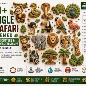 Puede incluir: Un paquete digital de más de 60 cortadores de galletas y sellos de arcilla con temática de selva y safari. La imagen muestra varias formas de animales, incluyendo un mono, serpiente, elefante, león, tigre, jirafa y cebra, junto a follaje.
