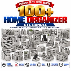 Può includere: Una collezione digitale di oltre 100 modelli STL di organizzatori per la casa per la stampa 3D. L'immagine mostra vari contenitori grigi, organizzatori da scrivania e accessori con il testo PREMIUM 3D STL MODEL BUNDLE.