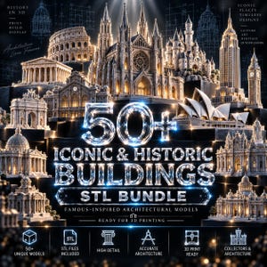 Könnte beinhalten: Eine digitale Sammlung von über 50 ikonischen und historischen Gebäudemodellen für den 3D-Druck. Das Bild zeigt detaillierte architektonische Strukturen wie das Kolosseum, das Opernhaus von Sydney und Big Ben, mit dem Text 50+ ICONIC & HISTORIC BUILDINGS STL BUNDLE.