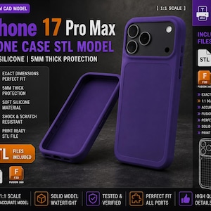 Può includere: Un modello STL di custodia per iPhone 17 Pro Max per stampa 3D. L'immagine mostra la custodia da due angolazioni, evidenziando una protezione spessa 5 mm, materiale in silicone morbido e file STL e F3D inclusi per un design in scala 1:1.