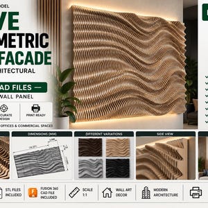 May include: A digital 3D model of a wave parametric wall facade featuring a textured, undulating surface. The design includes STL, F360, STEP, and OBJ files for 3D printing. A technical diagram shows dimensions of 1,048 mm by 1,280 mm.