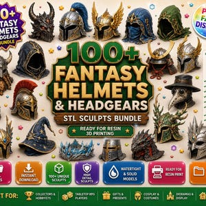 Könnte beinhalten: Ein digitales Paket mit über 100 Fantasy-Helmen und Kopfbedeckungen für den 3D-Druck, mit verschiedenen Designs wie gehörnten, geflügelten und gepanzerten Stilen. Das Bild zeigt mehrere detaillierte Helmmodelle, Textbeschriftungen und Symbole für STL-Dateien.