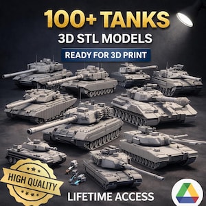 May include: An image showcasing multiple 3D STL models of tanks, ready for 3D printing. The text "100+ TANKS" and "3D STL MODELS" is displayed at the top. The image also includes the text "READY FOR 3D PRINT", "HIGH QUALITY", and "LIFETIME ACCESS".