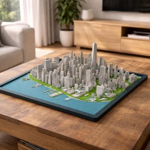May include: A detailed 3D model of a cityscape, likely New York City, displayed on a wooden coffee table. The model features gray buildings, green areas, and blue water, set within a dark blue frame. The table is made of wood.