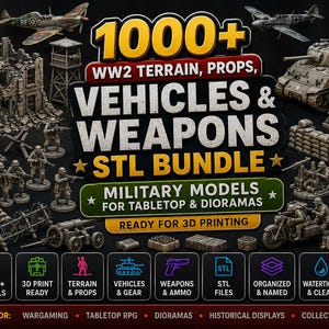 May include: An advertisement for a 3D STL bundle featuring over 1000 WWII terrain, props, vehicles, and weapons models. Includes tanks, planes, soldiers, and buildings. Ready for 3D printing. Perfect for wargaming and dioramas.