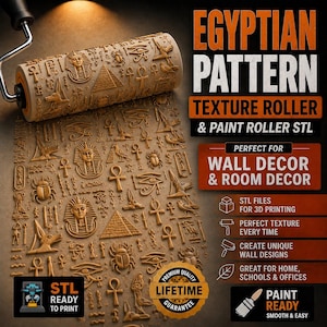 May include: A cylindrical texture roller featuring an embossed Egyptian pattern with pharaohs, pyramids, scarabs, and ankh symbols. The roller is shown applying a raised design to a surface, accompanied by text labels including EGYPTIAN PATTERN.