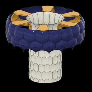 Puede incluir: Objeto renderizado en 3D con una sección superior azul oscuro con patrón hexagonal y una base blanca con patrón de panal. La parte superior tiene un anillo de elementos de color beige. El objeto está sobre un fondo negro.