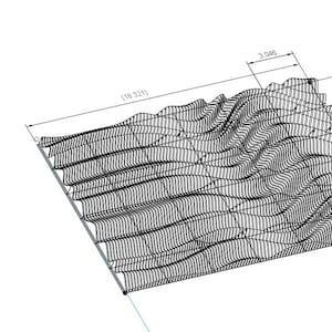 May include: A grayscale architectural rendering of a layered, undulating structure. The design features a series of wave-like forms, with dimensions indicated in inches. The overall shape is rectangular, with detailed line work defining the contours.