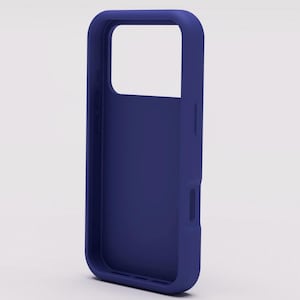 May include: A navy blue phone case with a rectangular camera aperture. The case has rounded edges and a smooth, matte finish. The design is simple and modern, offering protection and style.