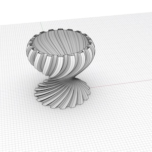 May include: A black and white 3D rendering of a decorative bowl with a spiral design. The bowl is made of thin, vertical strips that twist and turn to create a unique and modern look.