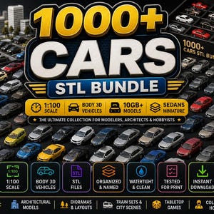 Peut inclure: Image présentant une collection de modèles réduits de voitures. Le texte "1000+ CARS STL BUNDLE" est mis en avant, avec des détails sur l'échelle 1:100, les modèles de véhicules 3D et plus de 10 Go de modèles. Destiné aux modélistes, architectes et amateurs.