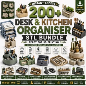 May include: A digital bundle of 200+ STL files for 3D printing desk and kitchen organisers. The collection includes various modular storage units, drawer inserts, spice racks, and cable management systems in beige and dark grey plastic finishes.