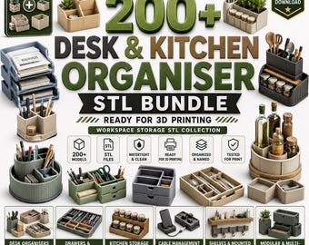 Paquete de más de 200 archivos STL para organizadores de escritorio y cocina / Almacenamiento para espacios de trabajo (Descarga digital)