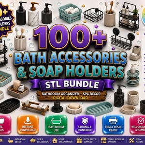 Può includere: Una collezione digitale di oltre 100 accessori da bagno e portasapone in un pacchetto STL. L'immagine mostra vari modelli 3D, tra cui distributori di sapone, portaspazzolini, mensole per doccia e vassoi in nero, bianco e turchese.