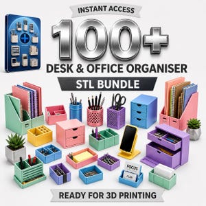 May include: A digital collection of 100+ desk and office organizer STL files for 3D printing. The image displays various colorful plastic-style organizers, including pen holders, small drawer units, phone stands, and trays in pastel shades.