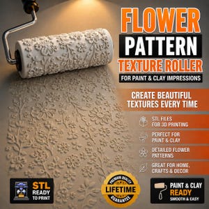 May include: A white cylindrical texture roller with an embossed floral pattern, attached to a metal handle. The roller creates a raised flower design on surfaces. Text on the image includes FLOWER PATTERN TEXTURE ROLLER, STL FILES FOR 3D PRINTING, and PAINT & CLAY READY.