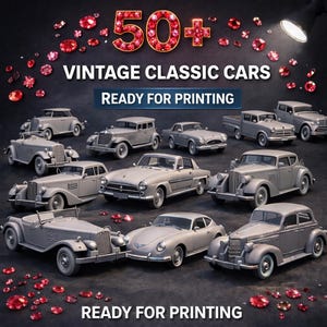 May include: A collection of gray vintage classic car models arranged on a dark surface, surrounded by scattered red gemstones. The text reads 50+ VINTAGE CLASSIC CARS READY FOR PRINTING. The image features various car styles including coupes and sedans.
