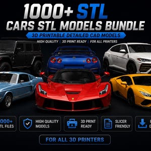 Peut inclure: Un lot numérique de plus de 1000 modèles de voitures STL pour l'impression 3D. L'image présente un SUV noir, une voiture de sport bleue, un SUV blanc, une voiture vintage bleu clair, une supercar rouge et une voiture de sport jaune avec le texte 1000+ STL.